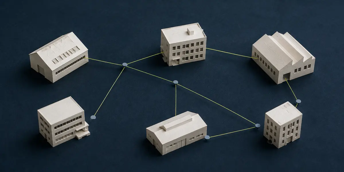 Paper buildings connected by threads.